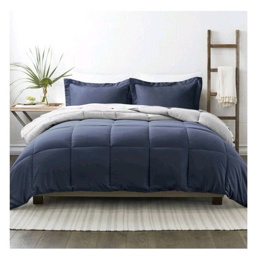 Premium Down Alternative Reversible 3PC Comforter Set Navy/Grey, Twin/XL